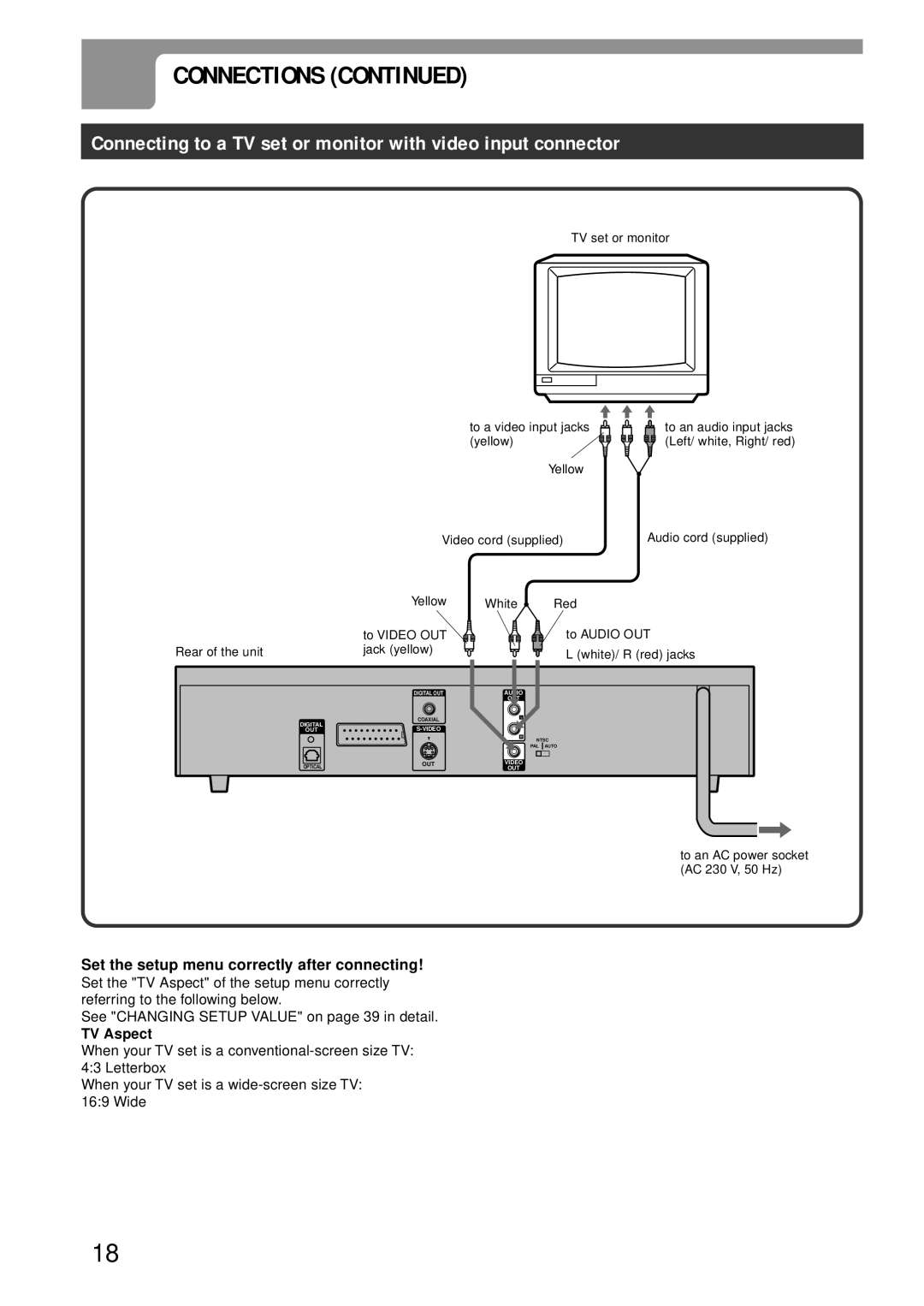 Aiwa XD-DV370 operating instructions Connecting to a TV set or monitor with video input connector 