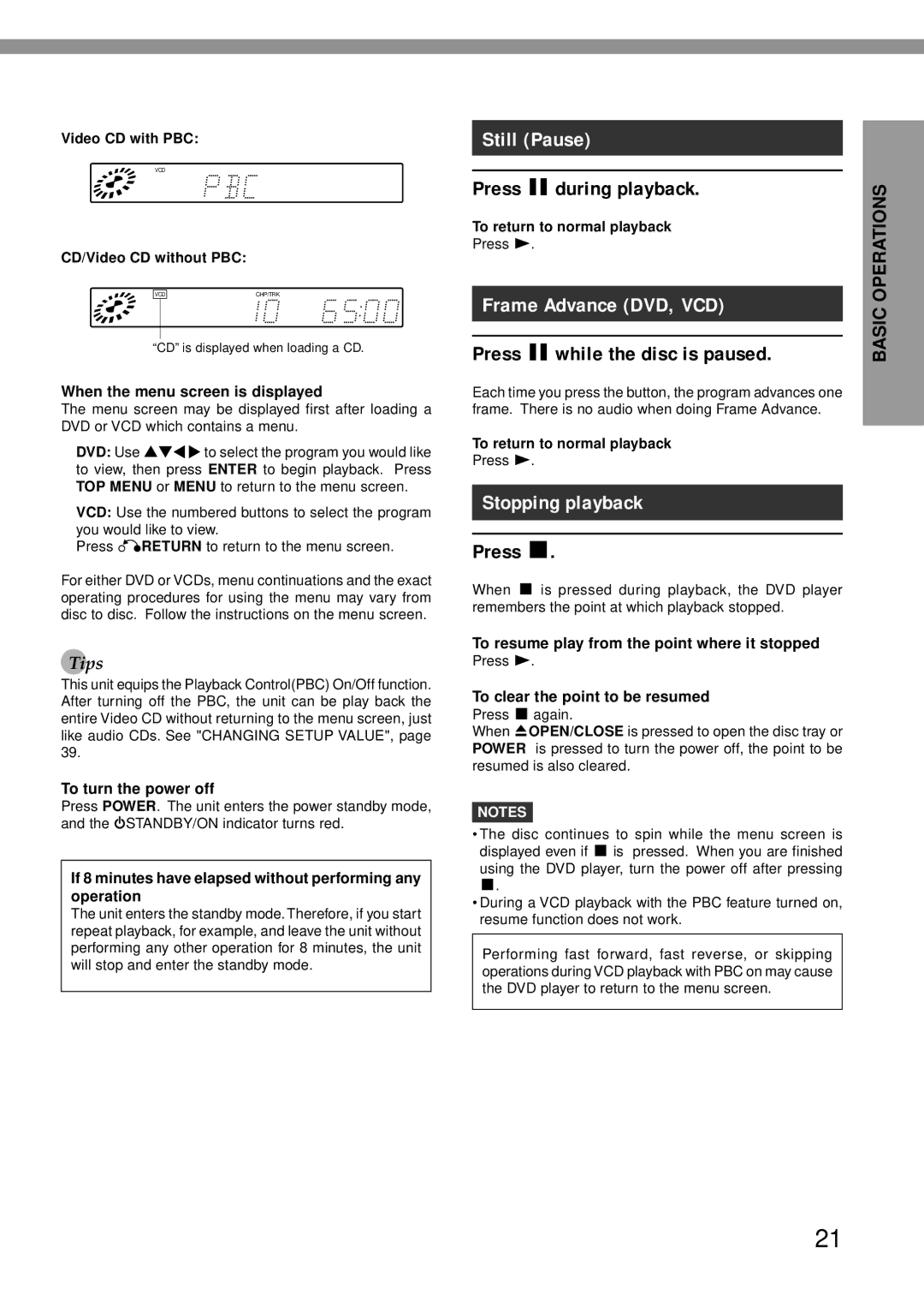 Aiwa XD-DV370 operating instructions Still Pause, Frame Advance DVD, VCD, Stopping playback 