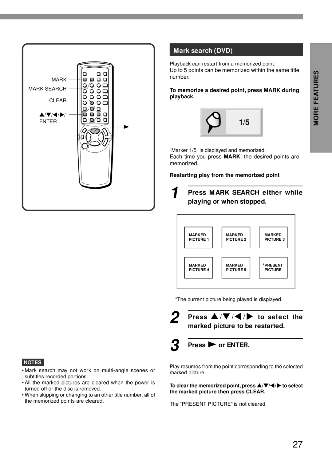 Aiwa XD-DV370 Mark search DVD, Press Mark Search either while playing or when stopped, Press i/k/j/l to select 