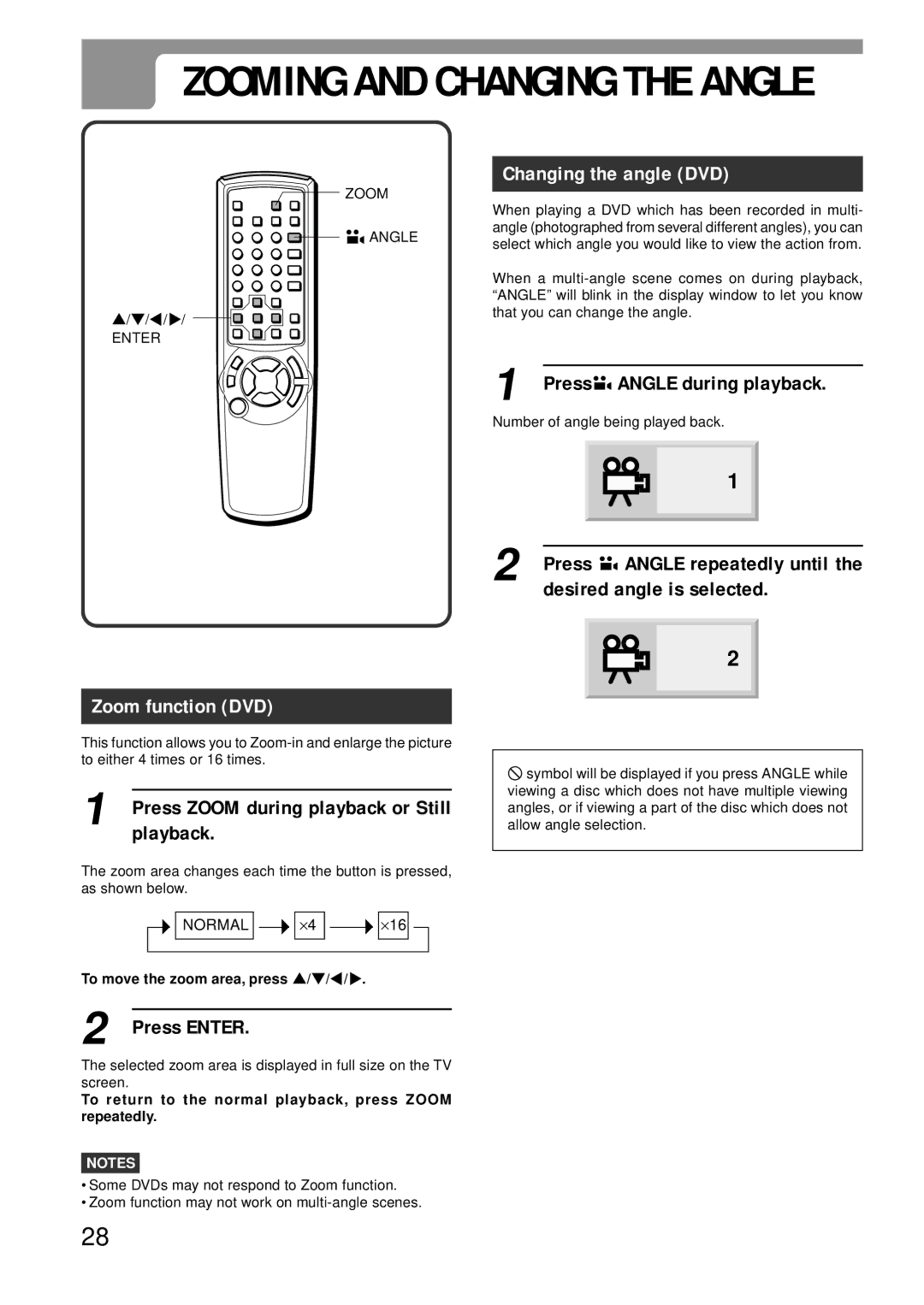 Aiwa XD-DV370 operating instructions Changing the angle DVD, Desired angle is selected, Zoom function DVD, Playback 