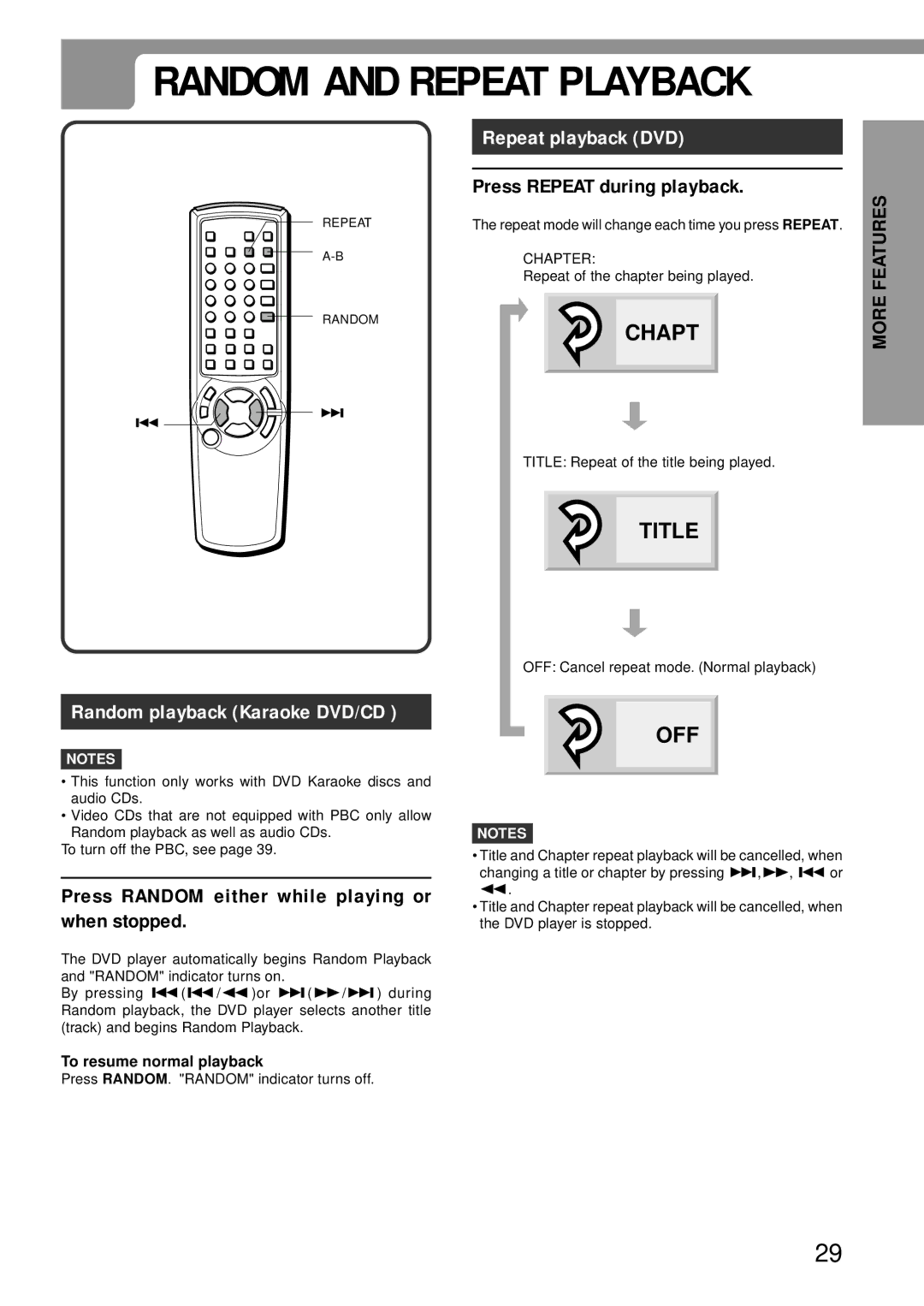 Aiwa XD-DV370 Random playback Karaoke DVD/CD, Press Random either while playing or when stopped, Repeat playback DVD 