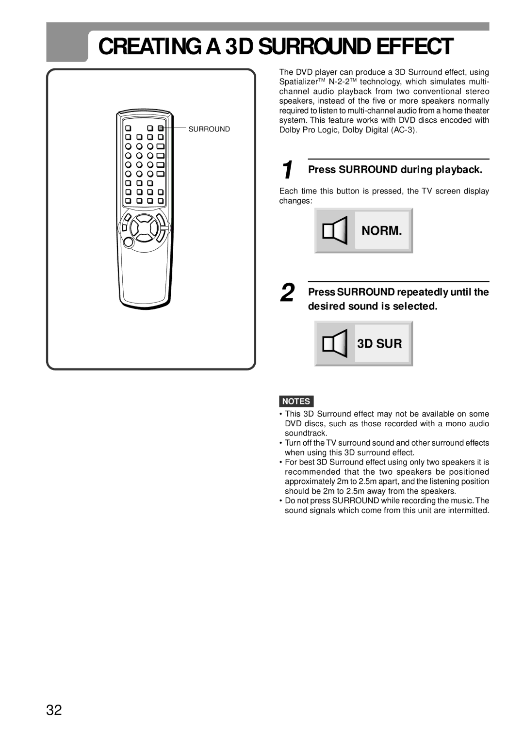 Aiwa XD-DV370 operating instructions Press Surround during playback, Desired sound is selected 