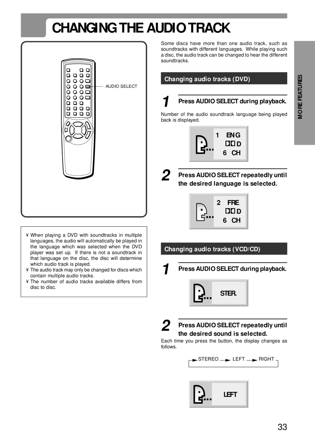 Aiwa XD-DV370 operating instructions Changing the Audio Track, Changing audio tracks DVD, Changing audio tracks VCD/CD 