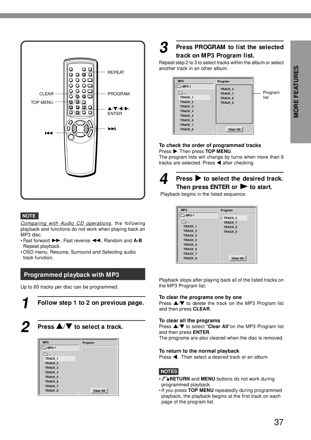 Aiwa XD-DV370 operating instructions Track on MP3 Program list, Then press Enter or cto start, Programmed playback with MP3 