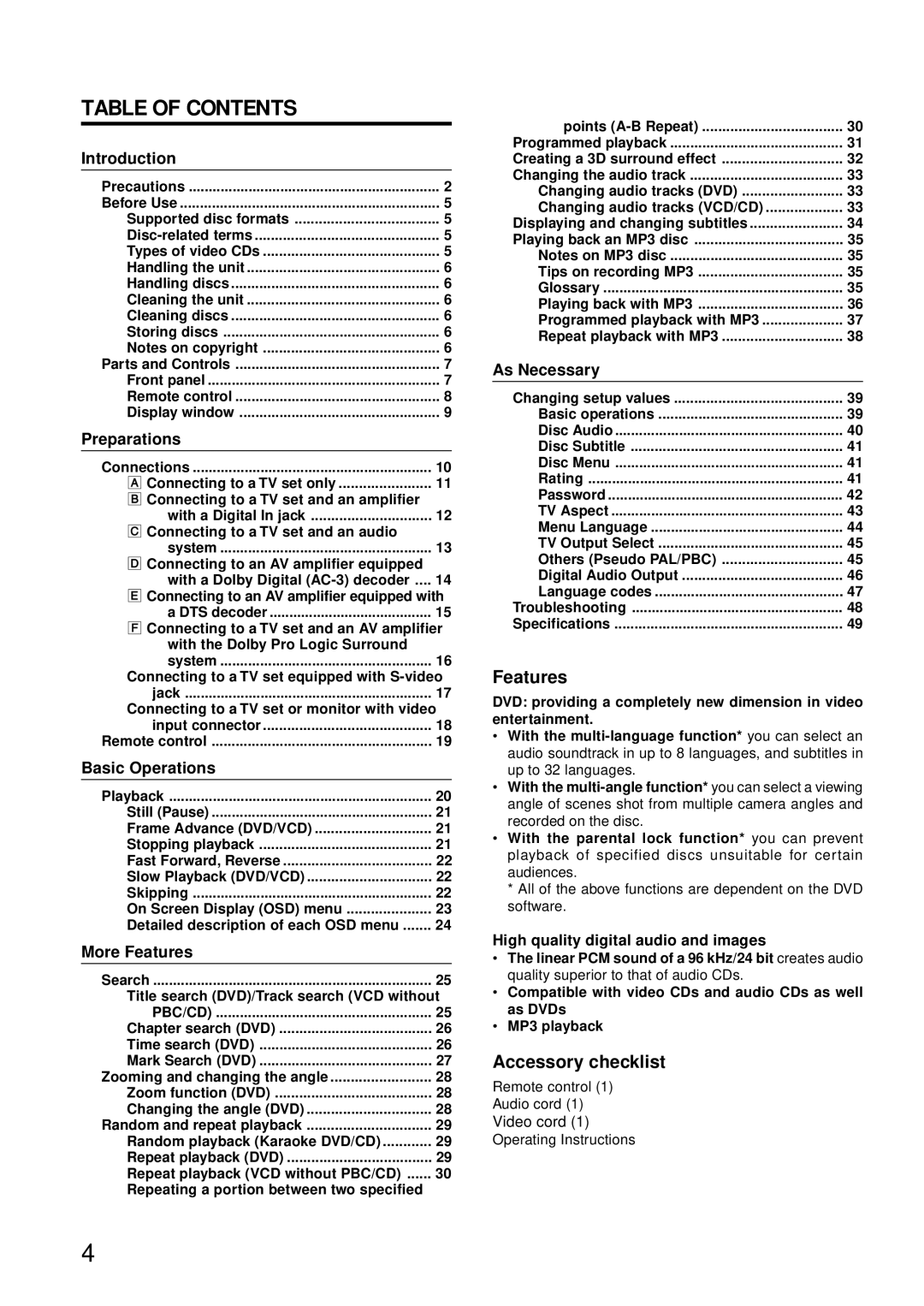 Aiwa XD-DV370 operating instructions Table of Contents 