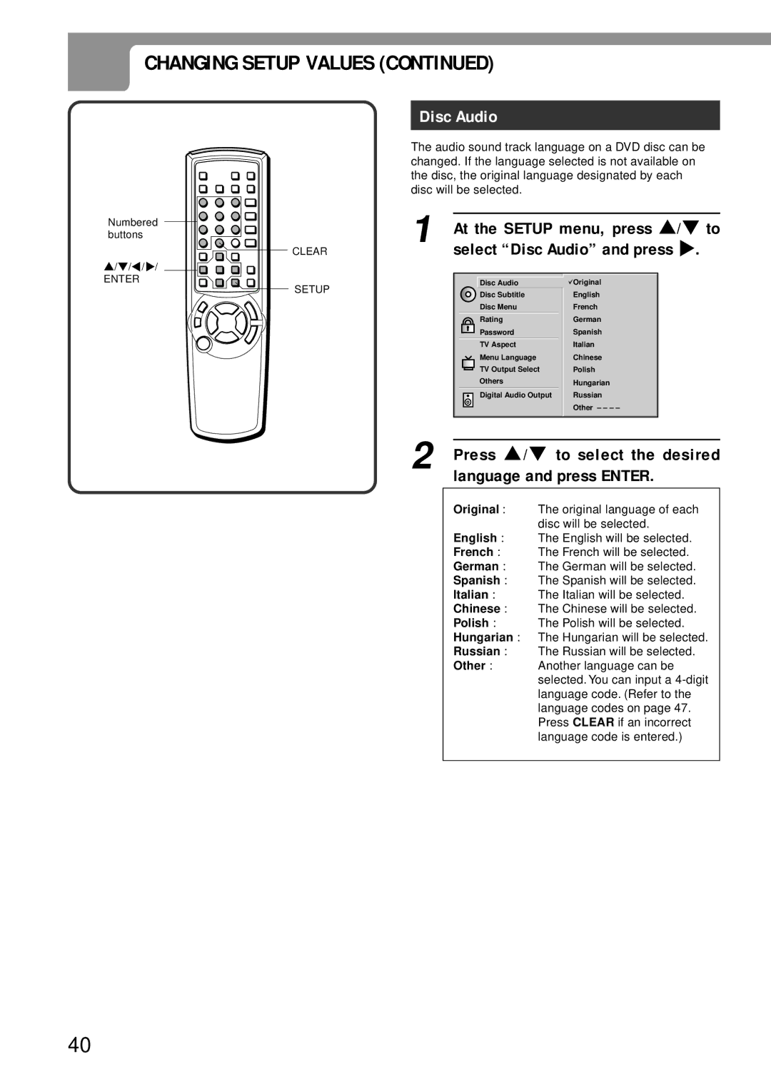 Aiwa XD-DV370 operating instructions Disc Audio, Press i/k to select the desired language and press Enter 