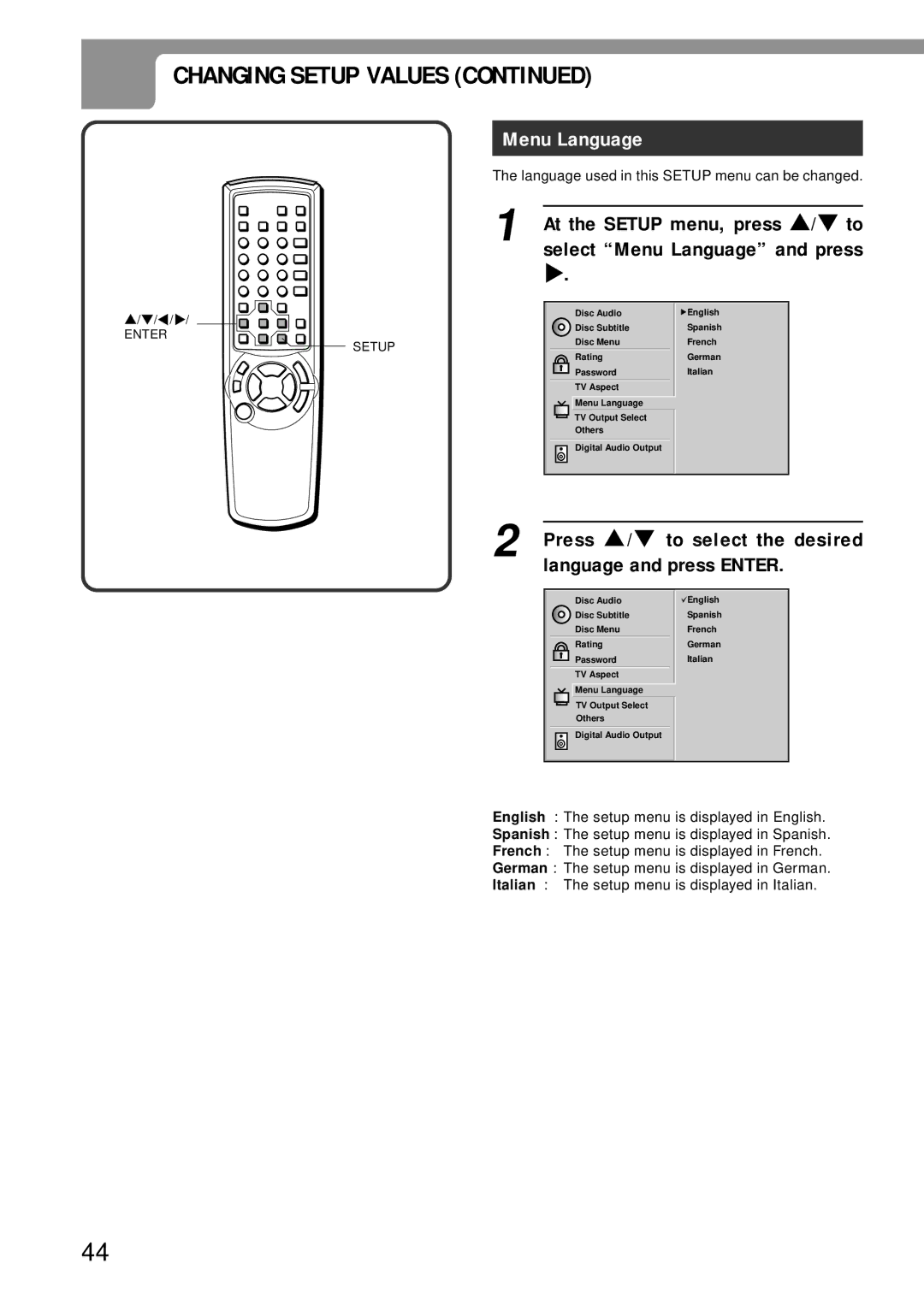 Aiwa XD-DV370 operating instructions Select Menu Language and press 