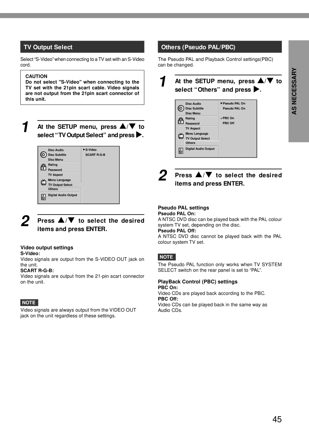 Aiwa XD-DV370 TV Output Select, Press i/k to select the desired items and press Enter, Others Pseudo PAL/PBC 