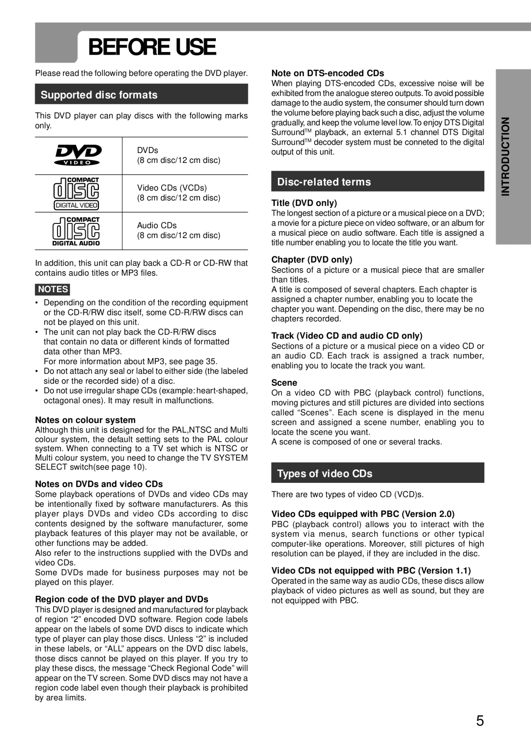 Aiwa XD-DV370 operating instructions Before USE, Supported disc formats, Disc-related terms, Types of video CDs 