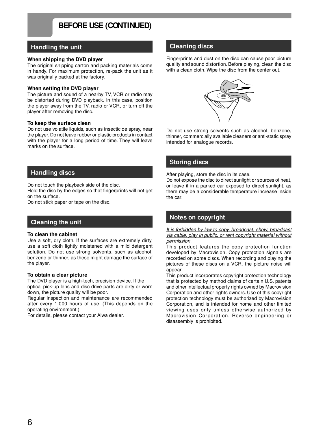 Aiwa XD-DV370 operating instructions Handling the unit, Cleaning discs, Handling discs, Storing discs, Cleaning the unit 