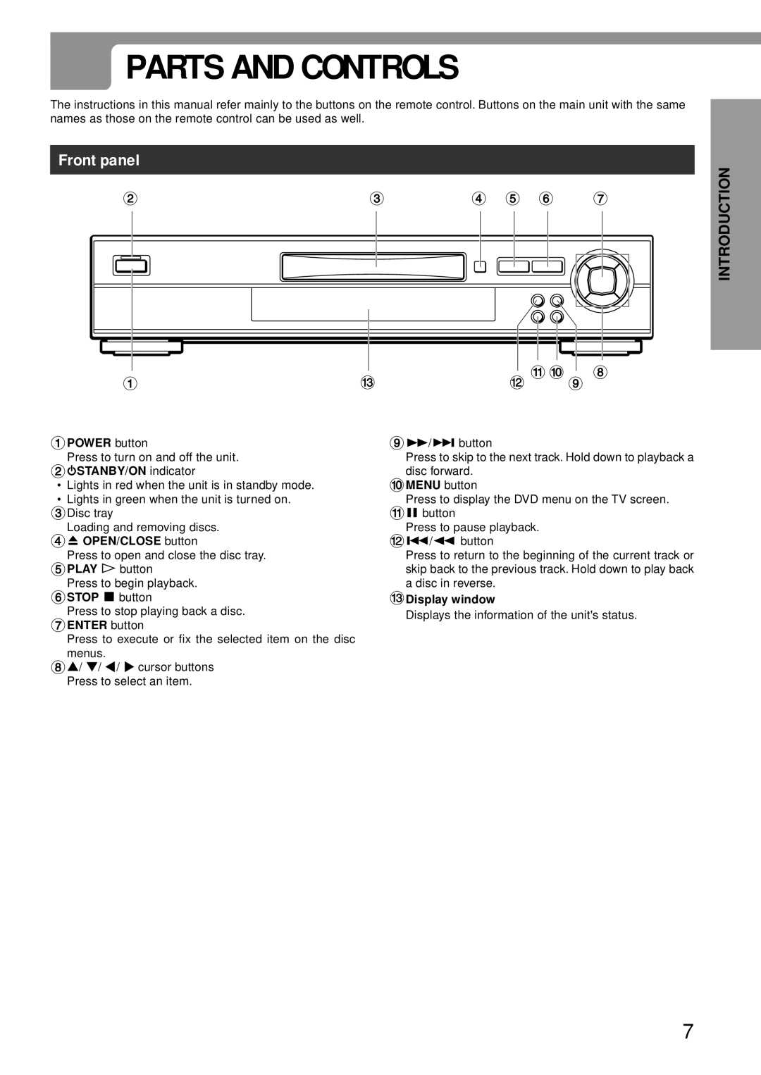 Aiwa XD-DV370 operating instructions Parts and Controls, Front panel 