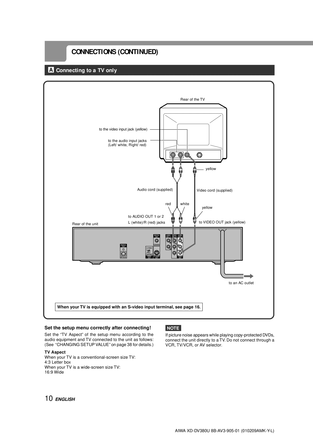 Aiwa XD-DV380U operating instructions Connecting to a TV only, Set the setup menu correctly after connecting, TV Aspect 