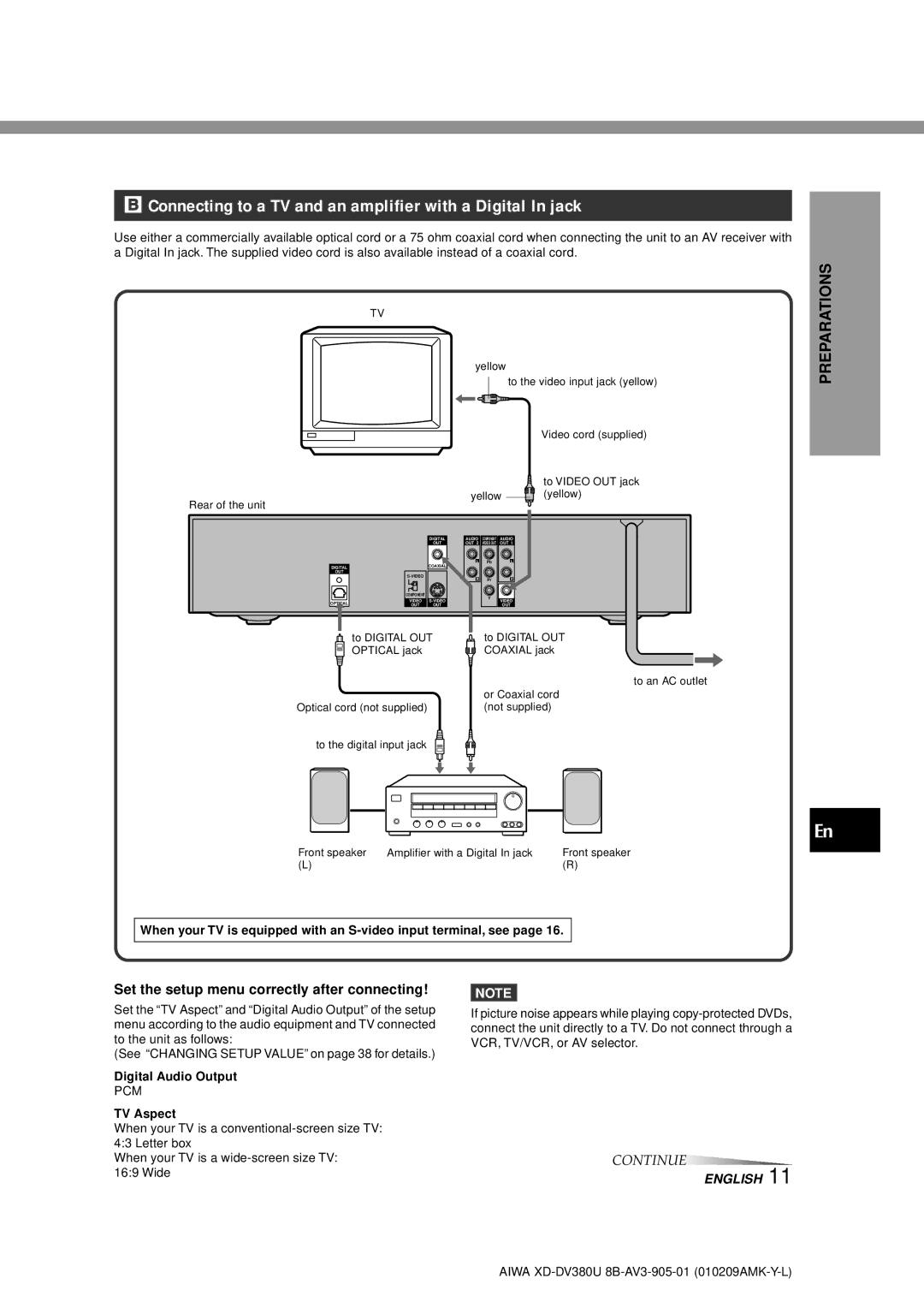 Aiwa XD-DV380U operating instructions Connecting to a TV and an amplifier with a Digital In jack, Digital Audio Output 