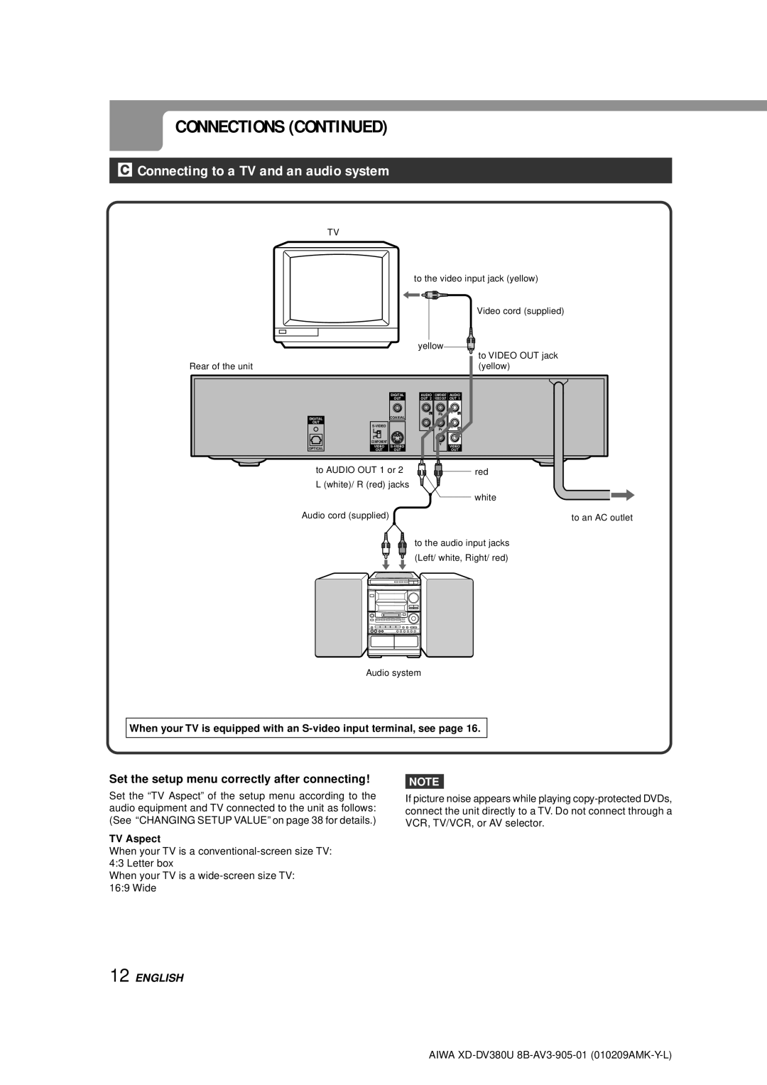 Aiwa XD-DV380U operating instructions Connecting to a TV and an audio system, Rear of the unit Yellow 