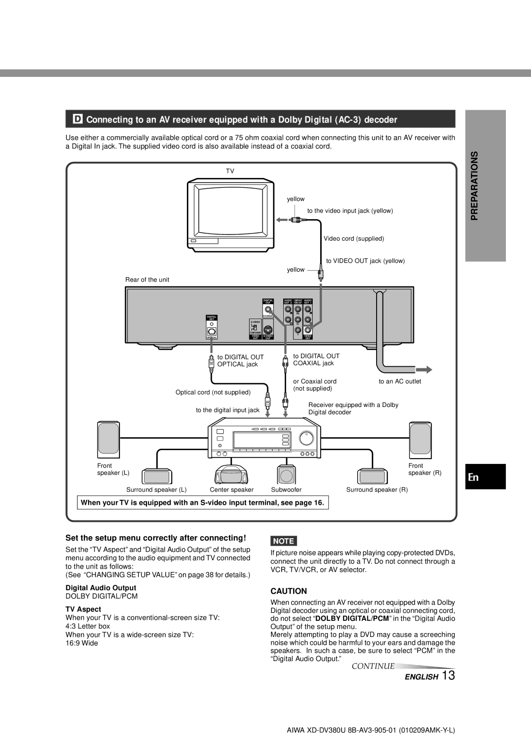 Aiwa XD-DV380U operating instructions Dolby DIGITAL/PCM 