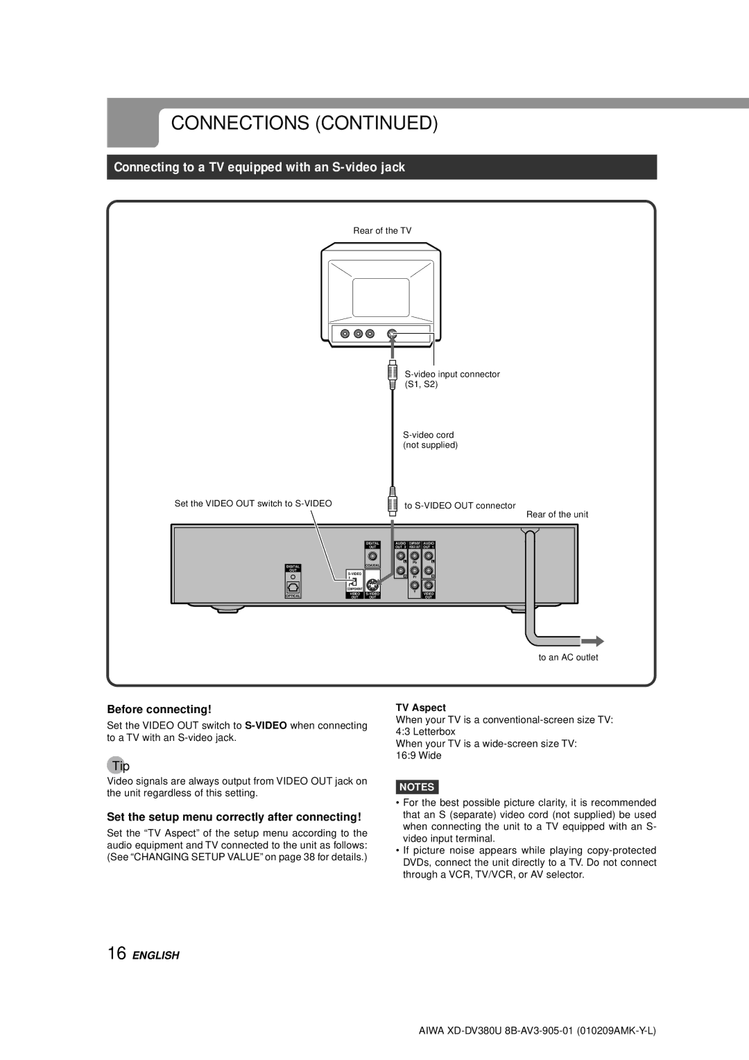 Aiwa XD-DV380U operating instructions Connecting to a TV equipped with an S-video jack, Before connecting 