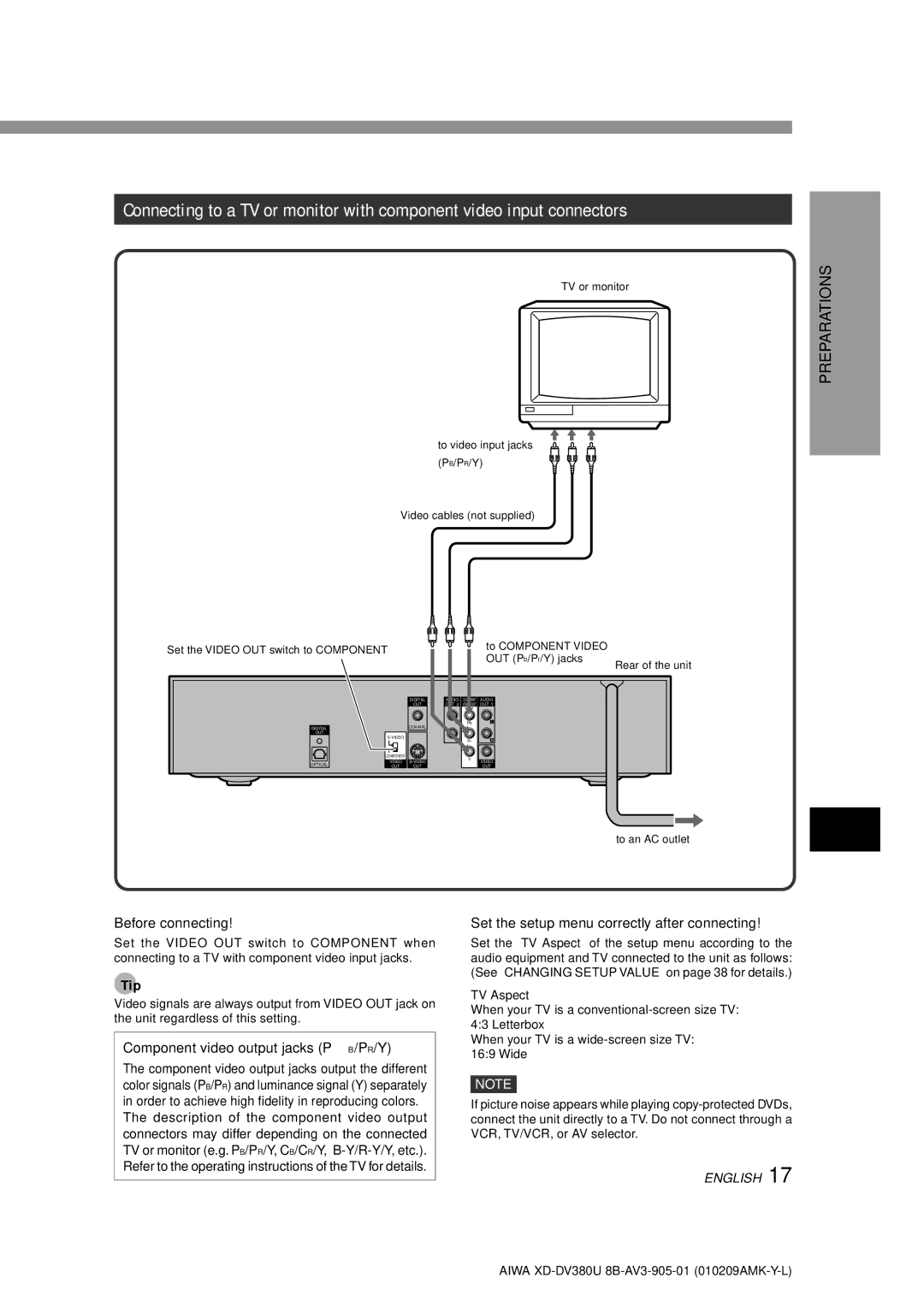 Aiwa XD-DV380U operating instructions Component video output jacks PB/PR/Y 
