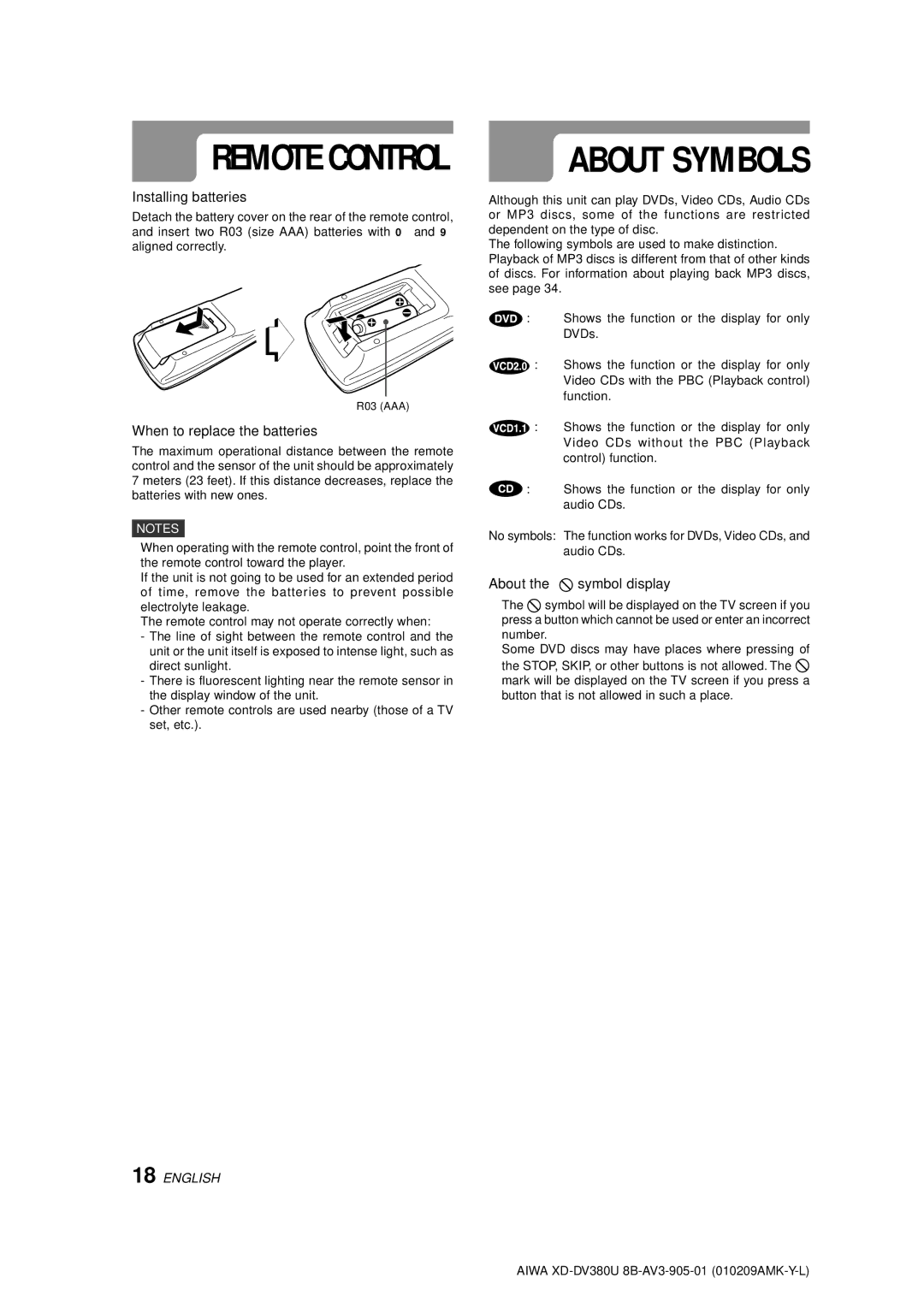 Aiwa XD-DV380U About Symbols, Installing batteries, When to replace the batteries, About the symbol display 