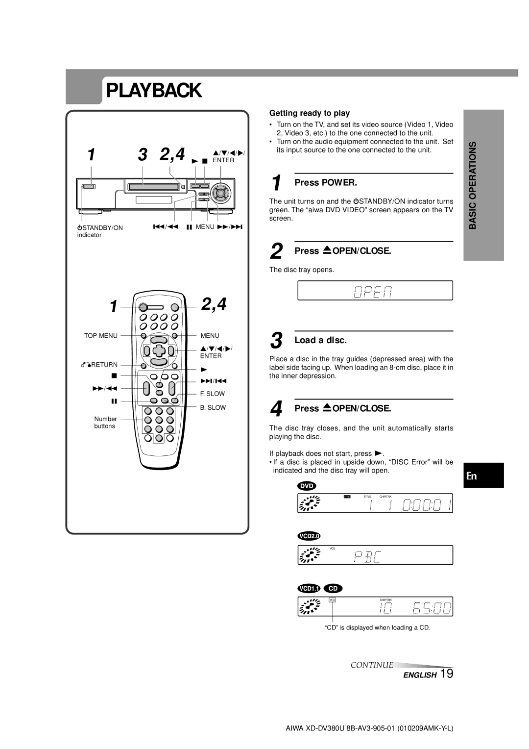 Aiwa XD-DV380U operating instructions Playback, Press Power, Press zOPEN/CLOSE, Load a disc, Getting ready to play 