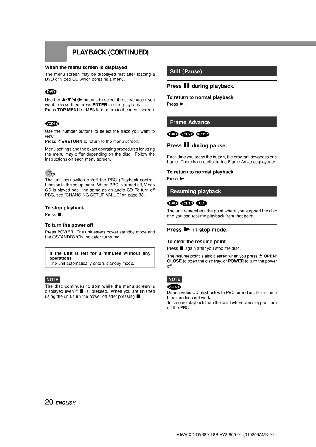 Aiwa XD-DV380U operating instructions Still Pause, Frame Advance, Resuming playback 