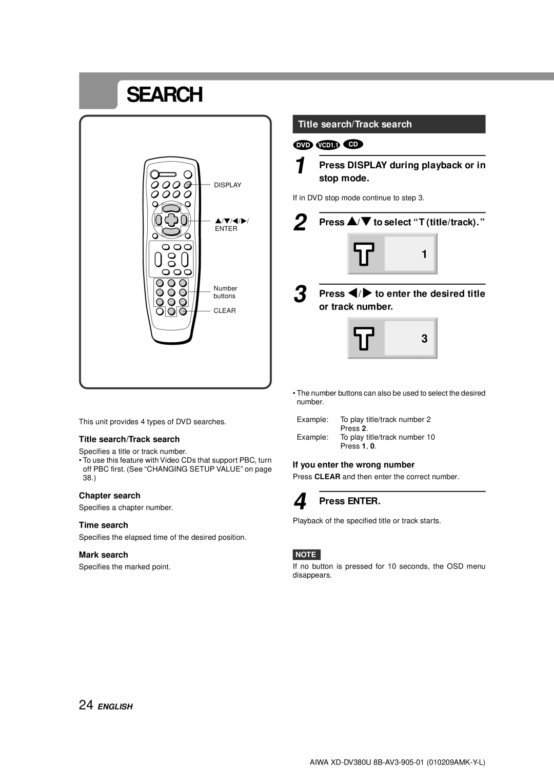 Aiwa XD-DV380U operating instructions Search, Title search/Track search 