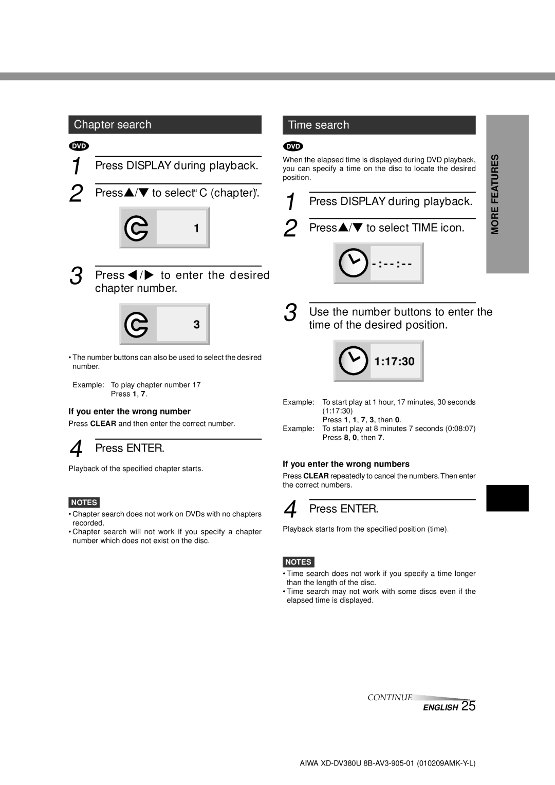 Aiwa XD-DV380U operating instructions Chapter search, Time search 