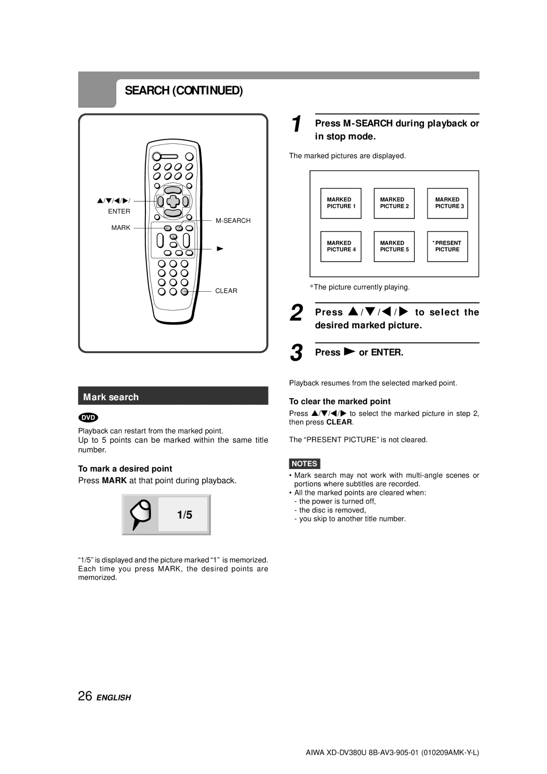 Aiwa XD-DV380U operating instructions Mark search, Press i/k/j/l to select, Desired marked picture, Press cor Enter 