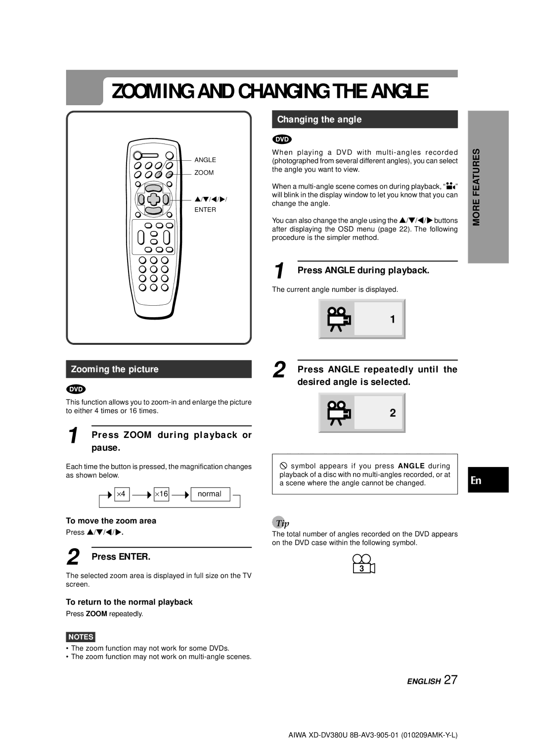 Aiwa XD-DV380U operating instructions Changing the angle, Zooming the picture, Pause, Press Angle during playback 