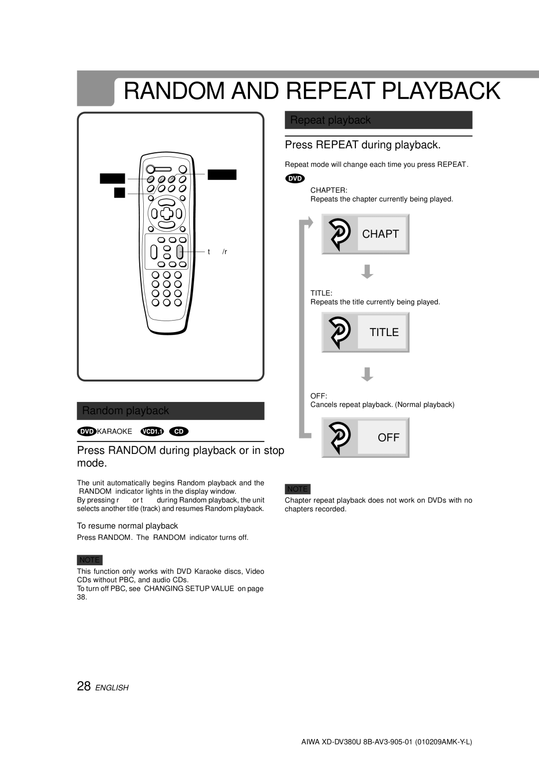 Aiwa XD-DV380U Random and Repeat Playback, Repeat playback, Press Repeat during playback, Random playback 