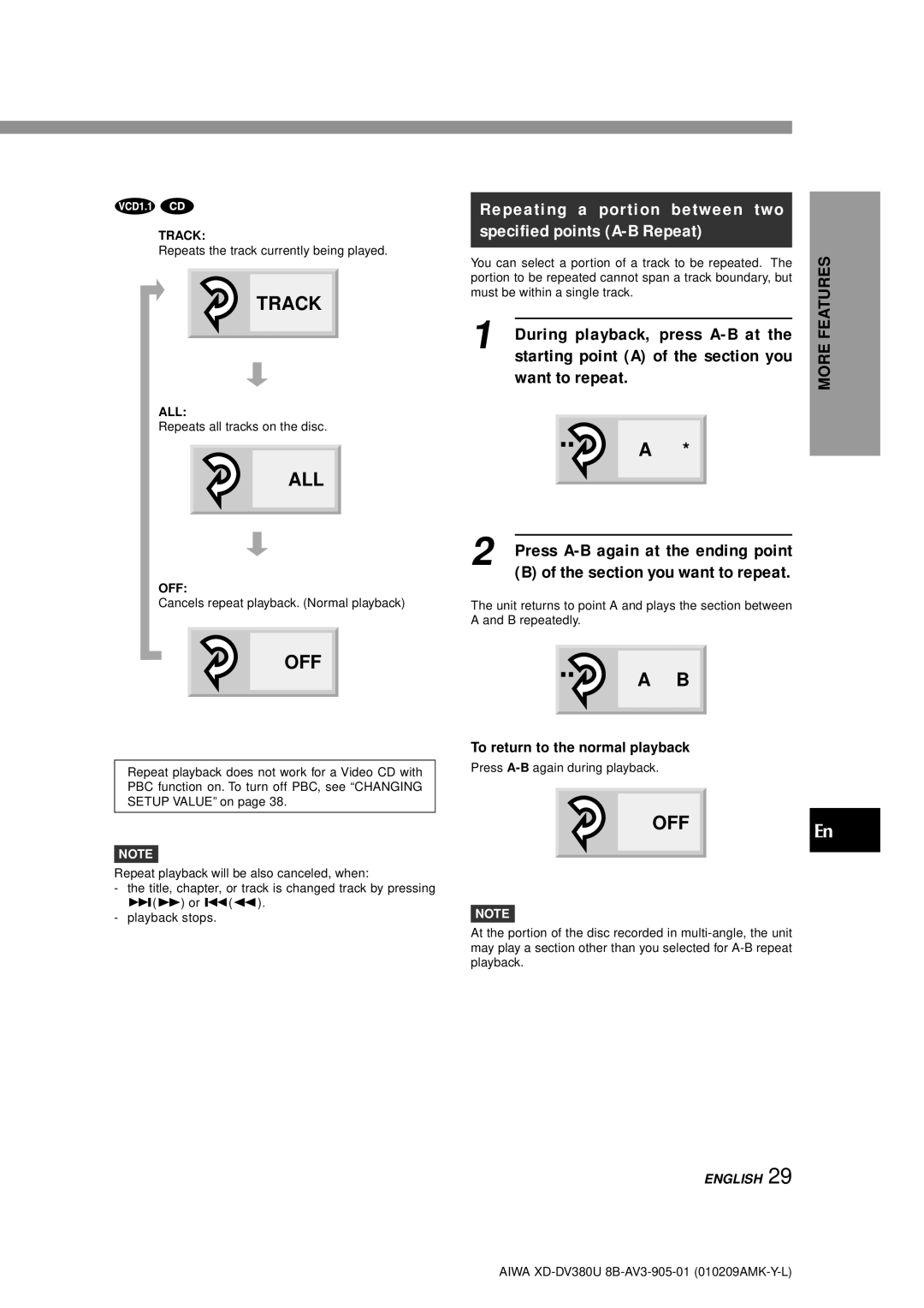 Aiwa XD-DV380U operating instructions Repeating a portion between two specified points A-B Repeat, Off 