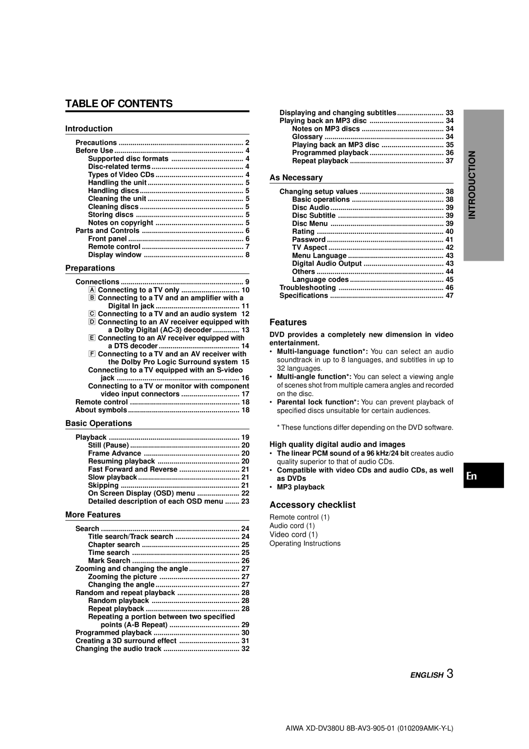 Aiwa XD-DV380U operating instructions Table of Contents 