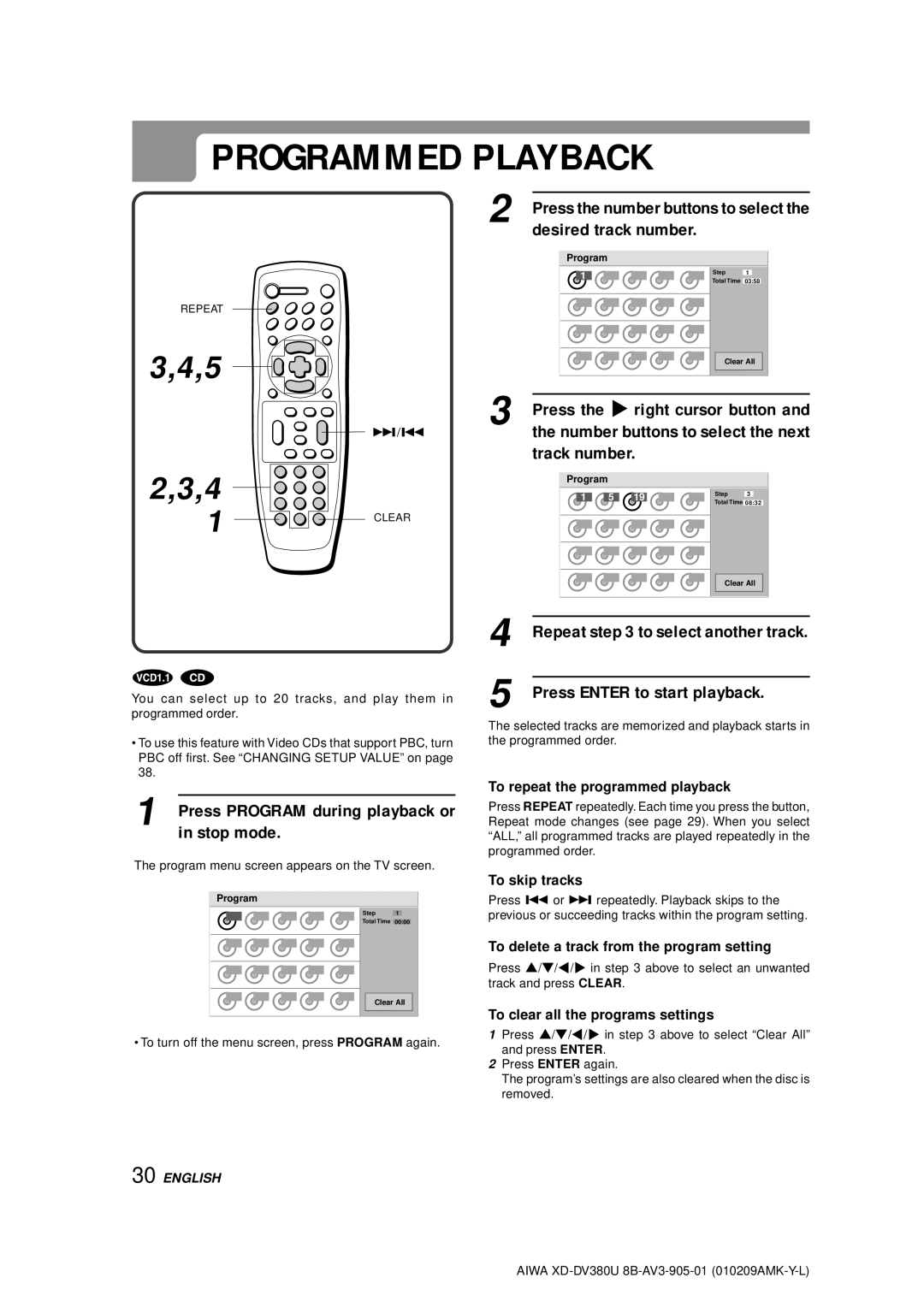 Aiwa XD-DV380U operating instructions Programmed Playback, Press Program during playback or in stop mode, Track number 