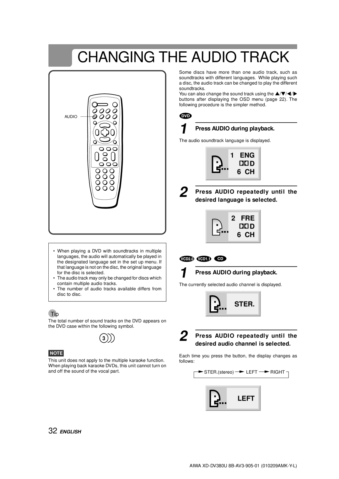 Aiwa XD-DV380U operating instructions Changing the Audio Track, Press Audio during playback 