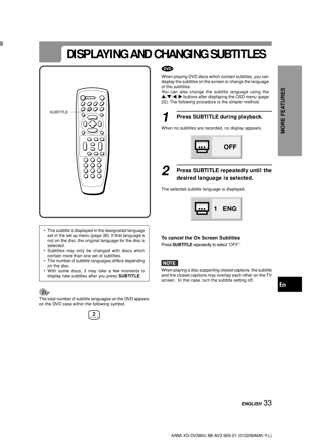 Aiwa XD-DV380U operating instructions Desired language is selected, To cancel the On Screen Subtitles 