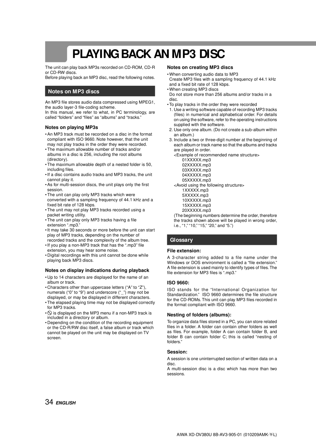 Aiwa XD-DV380U operating instructions Playing Back AN MP3 Disc, Glossary 