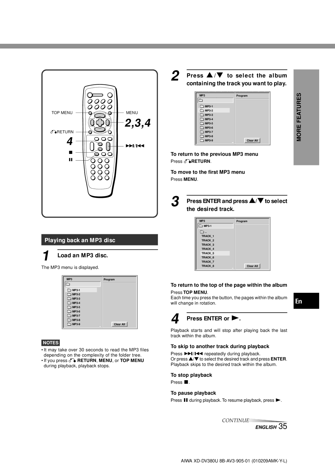 Aiwa XD-DV380U Press i/k to select the album, Desired track, Playing back an MP3 disc, Load an MP3 disc, Press Enter or c 