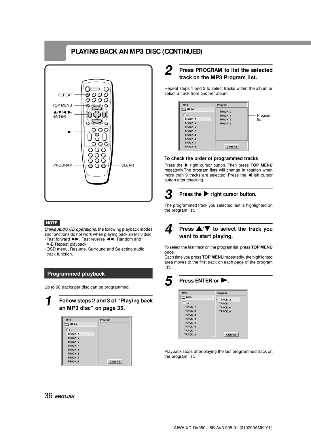 Aiwa XD-DV380U operating instructions Programmed playback 