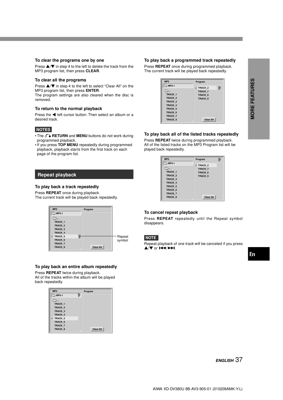Aiwa XD-DV380U To clear the programs one by one, To play back a programmed track repeatedly, To clear all the programs 