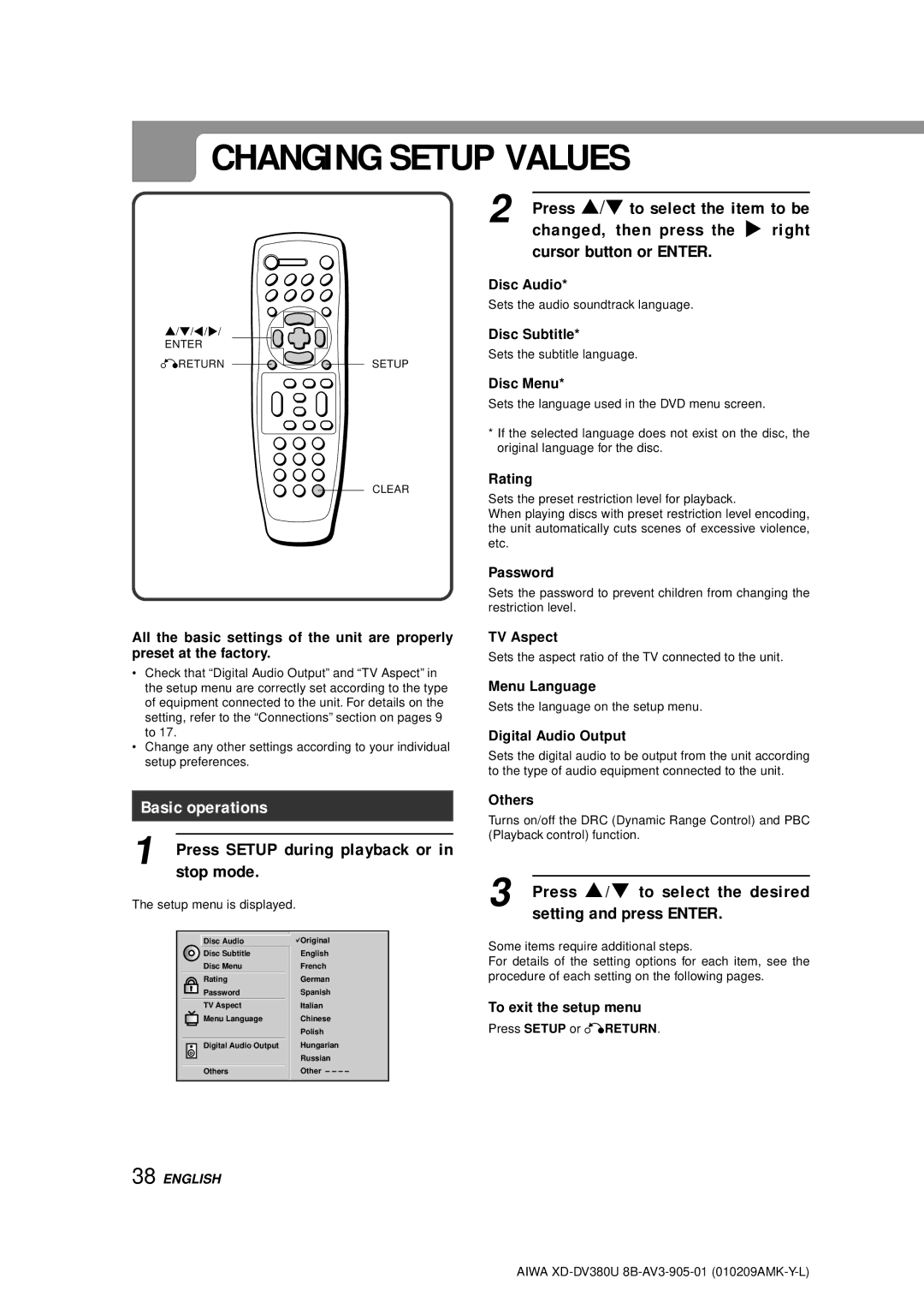 Aiwa XD-DV380U Changing Setup Values, Changed, then press the l right, Cursor button or Enter, Basic operations 