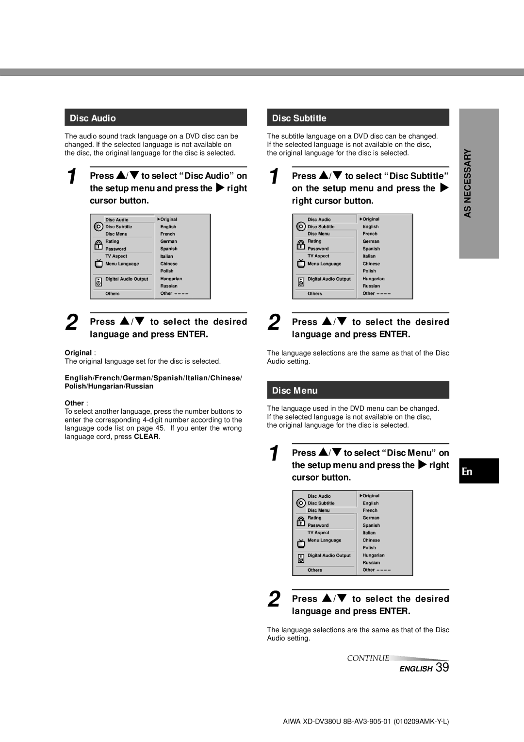 Aiwa XD-DV380U operating instructions Disc Audio, Disc Subtitle, Disc Menu 