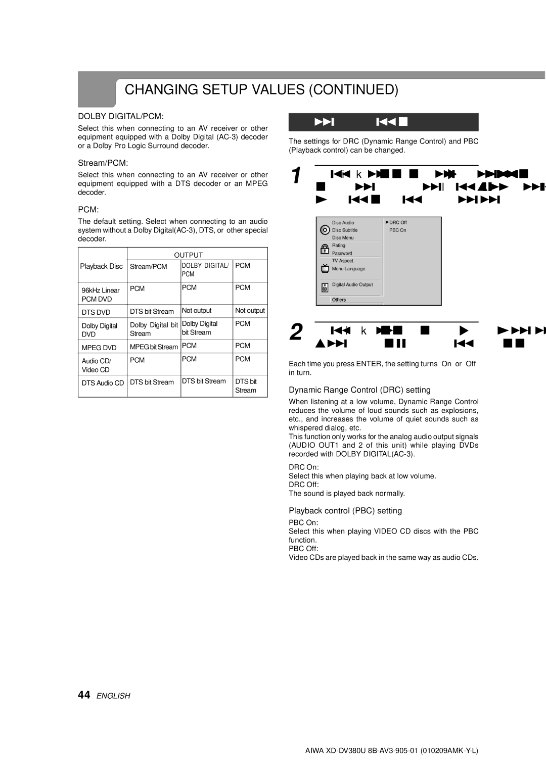 Aiwa XD-DV380U Others, Press i/k to select the desired items and press Enter, Stream/PCM, Playback control PBC setting 