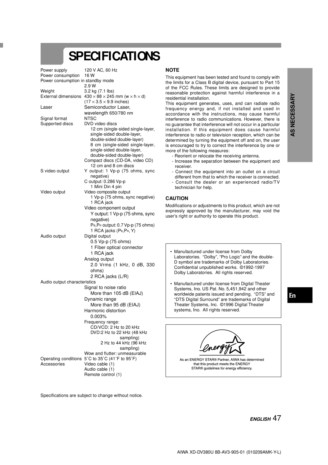 Aiwa XD-DV380U operating instructions Specifications 