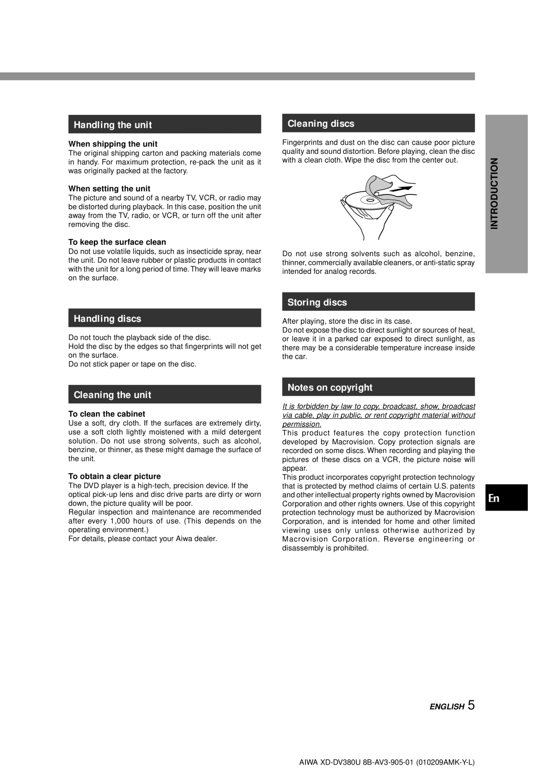 Aiwa XD-DV380U operating instructions Handling the unit, Cleaning discs, Handling discs, Storing discs, Cleaning the unit 