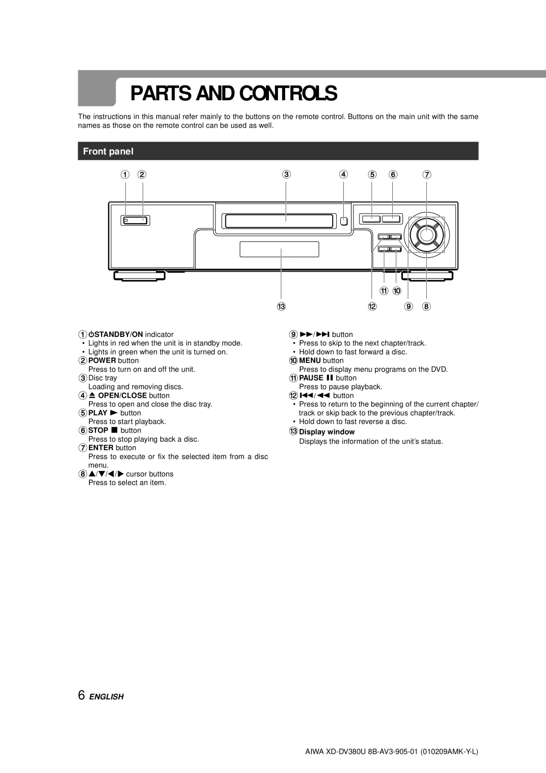 Aiwa XD-DV380U operating instructions Parts and Controls, Front panel 