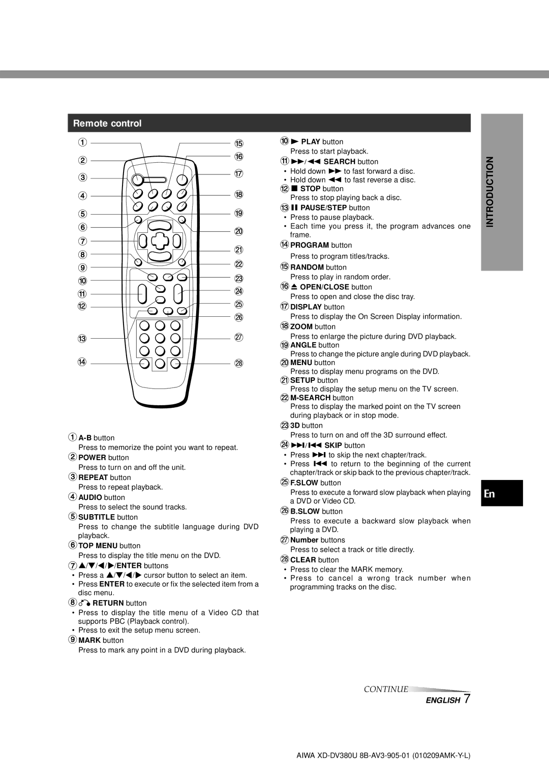 Aiwa XD-DV380U operating instructions Remote control 