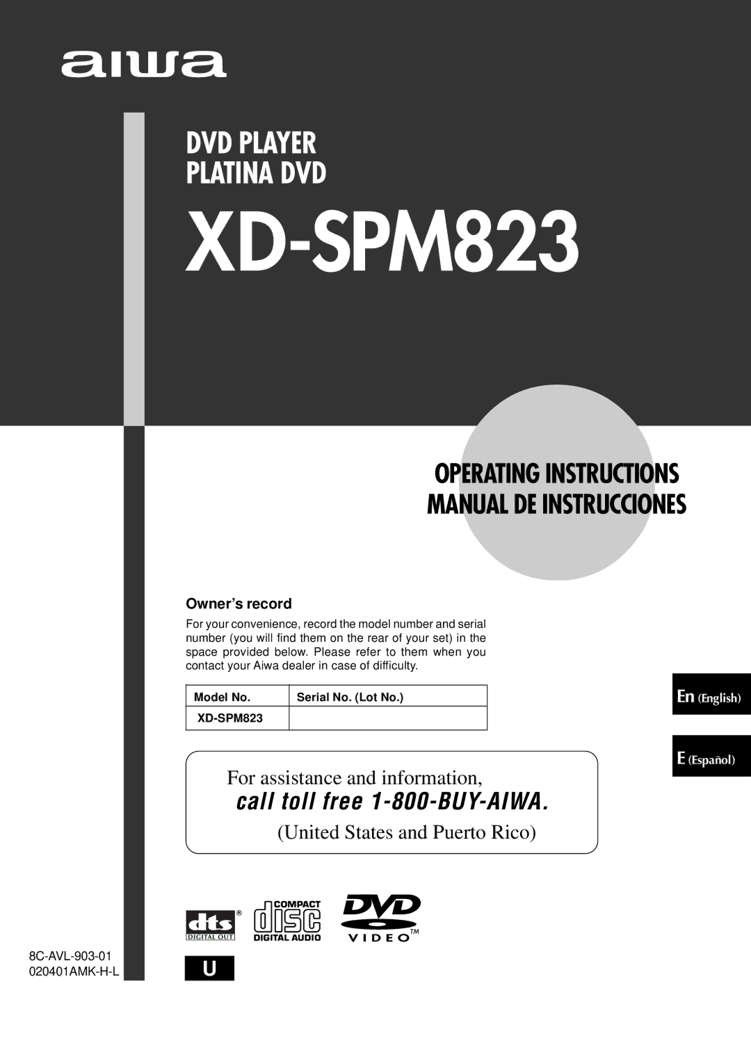 Aiwa XD-SPM823 operating instructions Owner’s record, Model No 