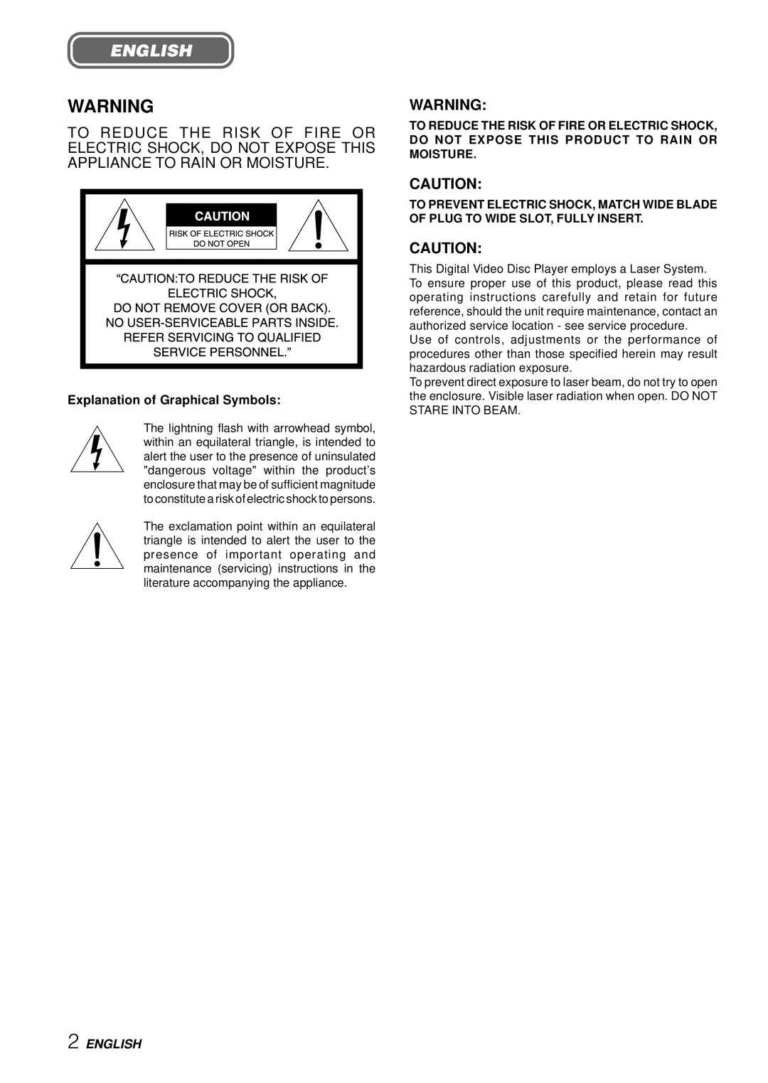 Aiwa XD-SPM823 operating instructions English, Explanation of Graphical Symbols 