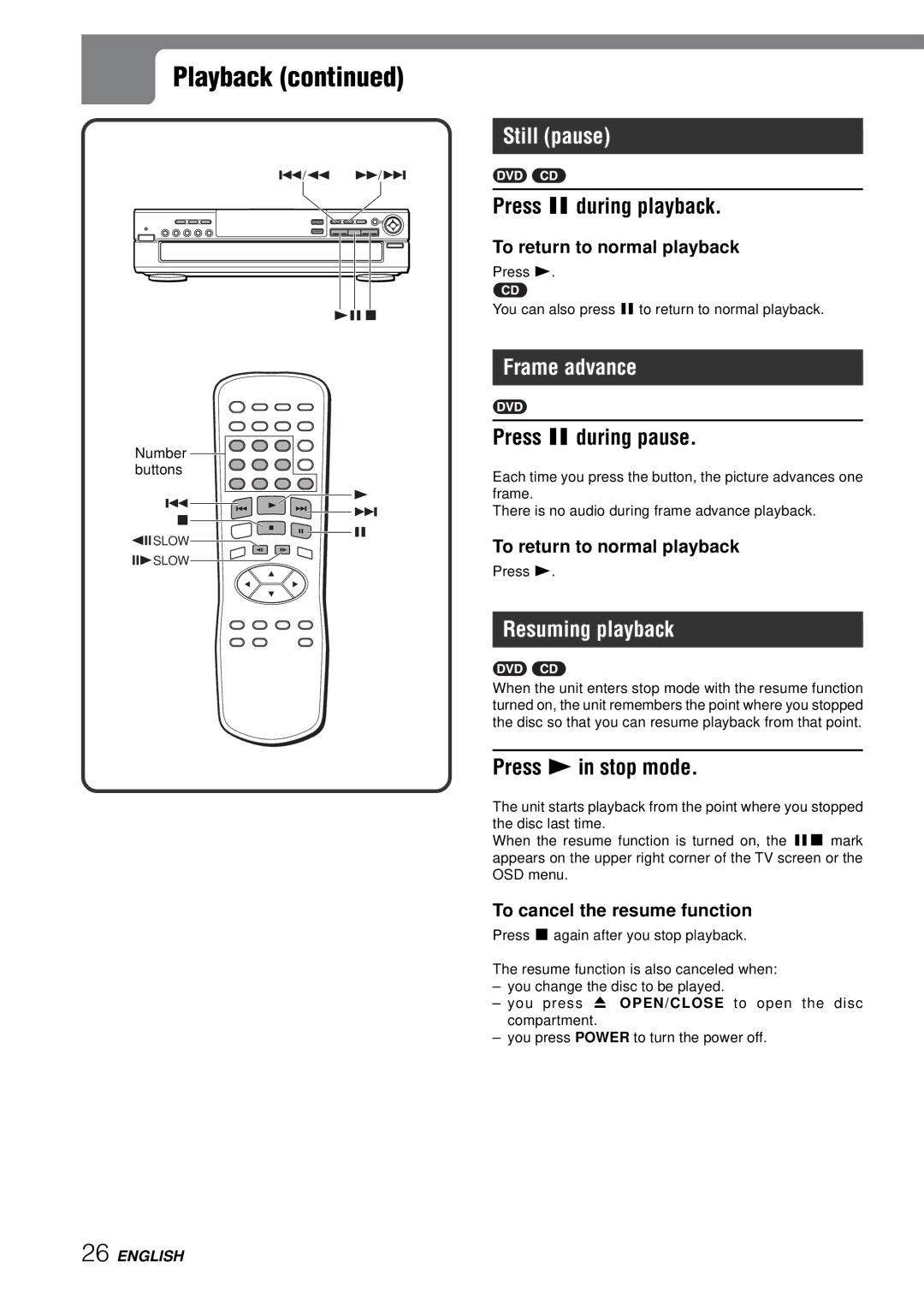 Aiwa XD-SPM823 operating instructions Still pause, Frame advance, Resuming playback 