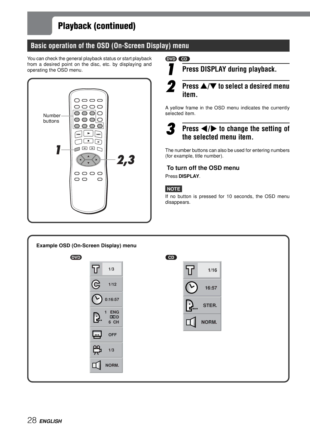 Aiwa XD-SPM823 Basic operation of the OSD On-Screen Display menu, Press j/lto change the setting, Selected menu item 