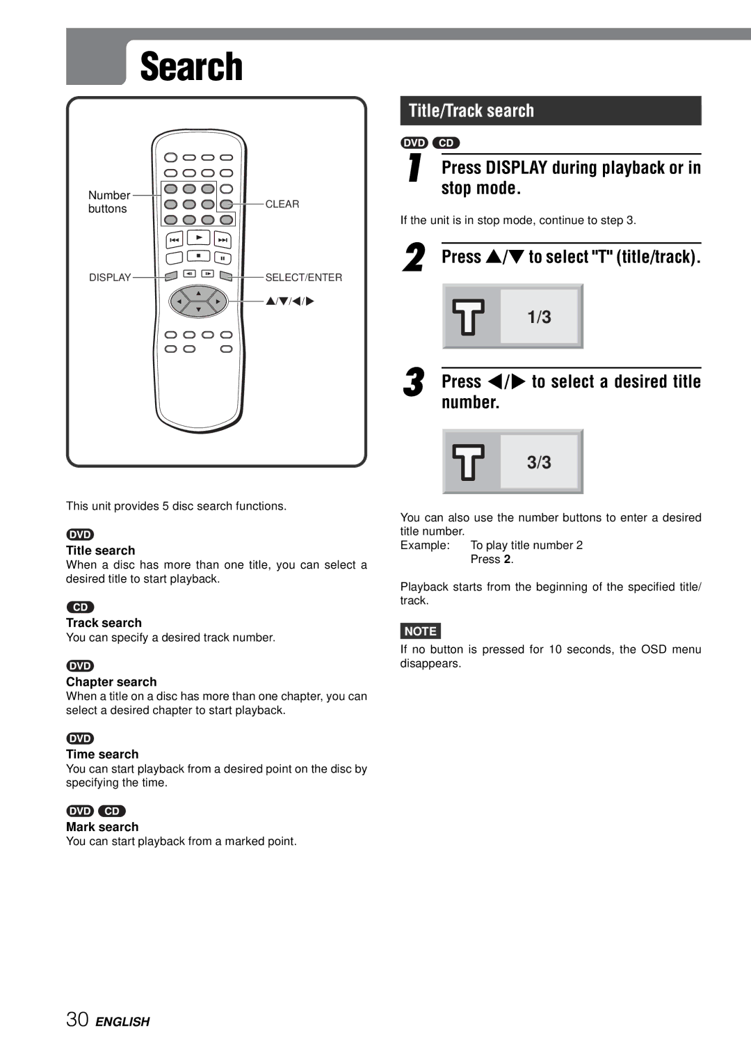 Aiwa XD-SPM823 operating instructions Search, Title/Track search, Stop mode, Press Display during playback or 